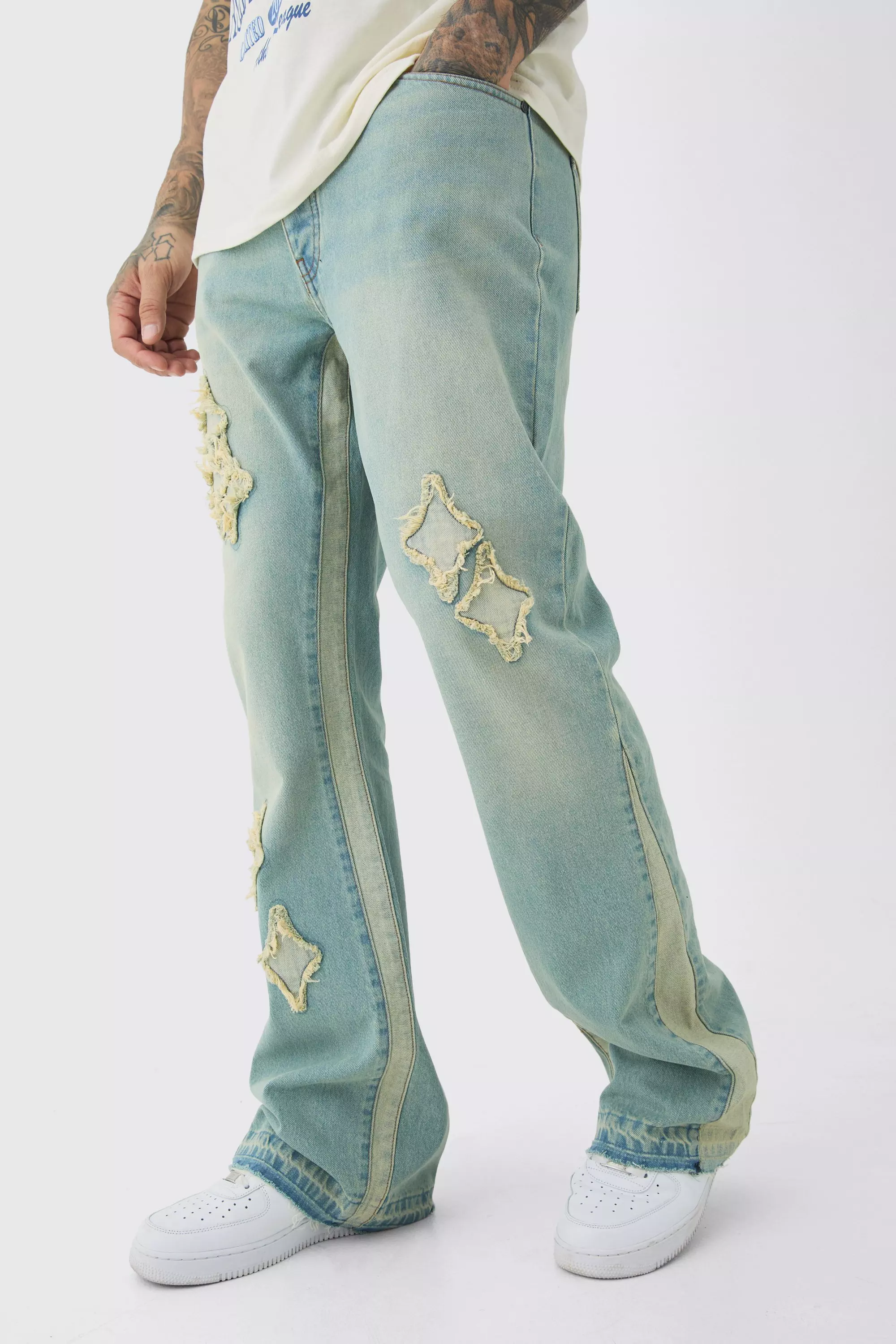 Tall Slim Flare Applique Gusset Panel Jeans | boohooMAN USA